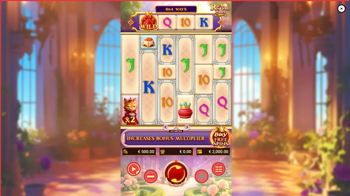 Interface luxuosa do slot Royal Paws Maxways com tema de gatos e jardim real
