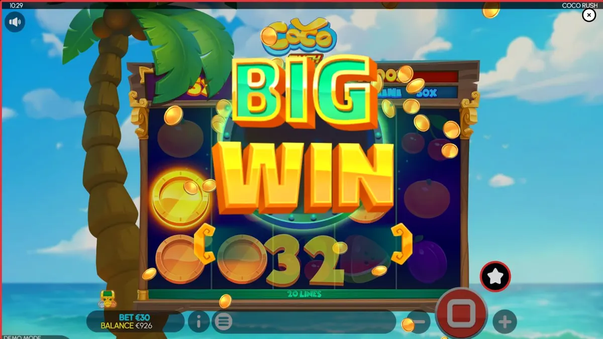 Interface vibrante do slot Coco Rush com elementos tropicais e moedas de ouro