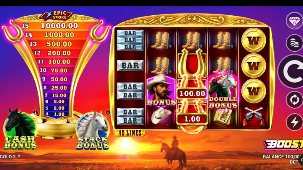 Interface do jogo Western Gold 3 mostrando a escada de prêmios e o cenário de faroeste
