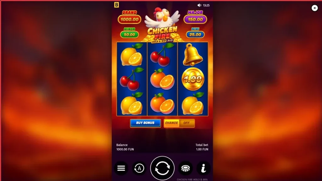 Interface vibrante do caça-níqueis Chicken Fire com símbolos de frutas e galinhas cartoon