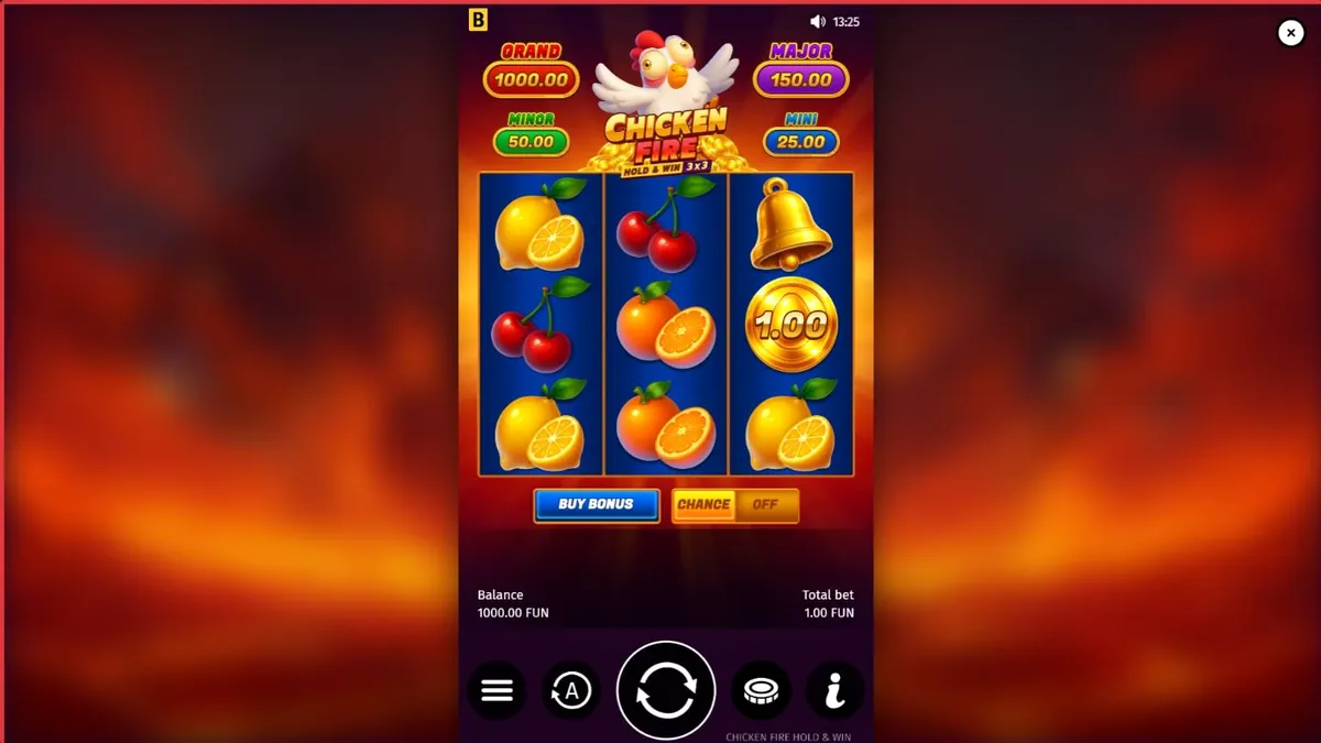 Interface vibrante do caça-níqueis Chicken Fire com símbolos de frutas e galinhas cartoon